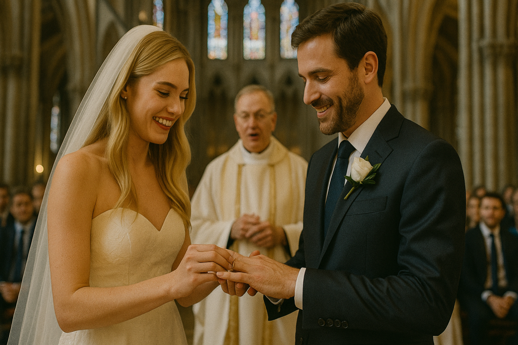 Novios en una ceremonia del matrimonio dentro de la iglesia